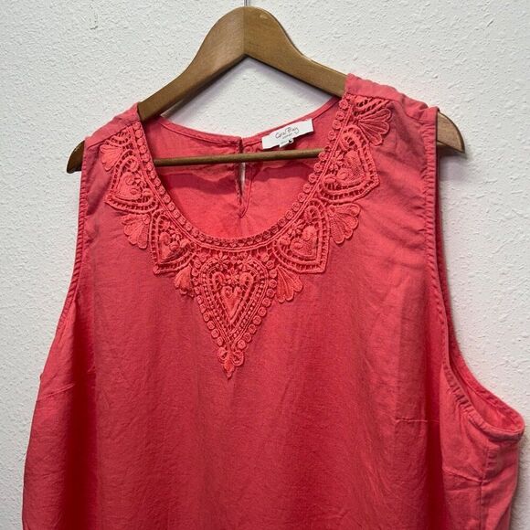 Coral Bay Womens Sleeveless Top Crochet Collar‎ Coral Linen Rayon Size 3X - Picture 2 of 12